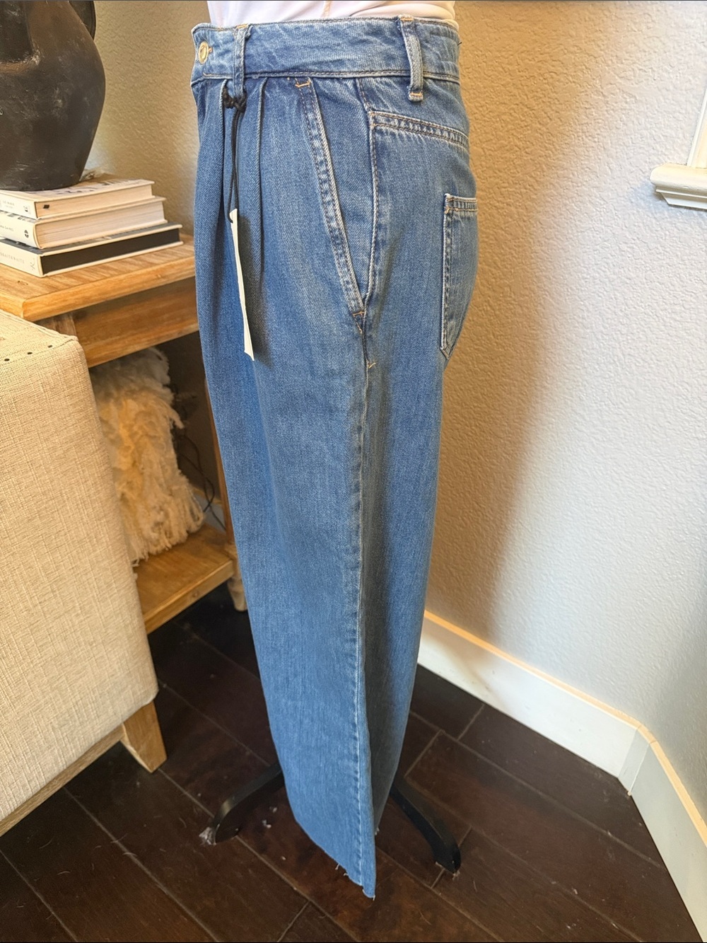 Zara Blue High Waist Frayed Hem Wide Leg Jeans Size 0 Raw Edge Denim - Picture 2 of 7